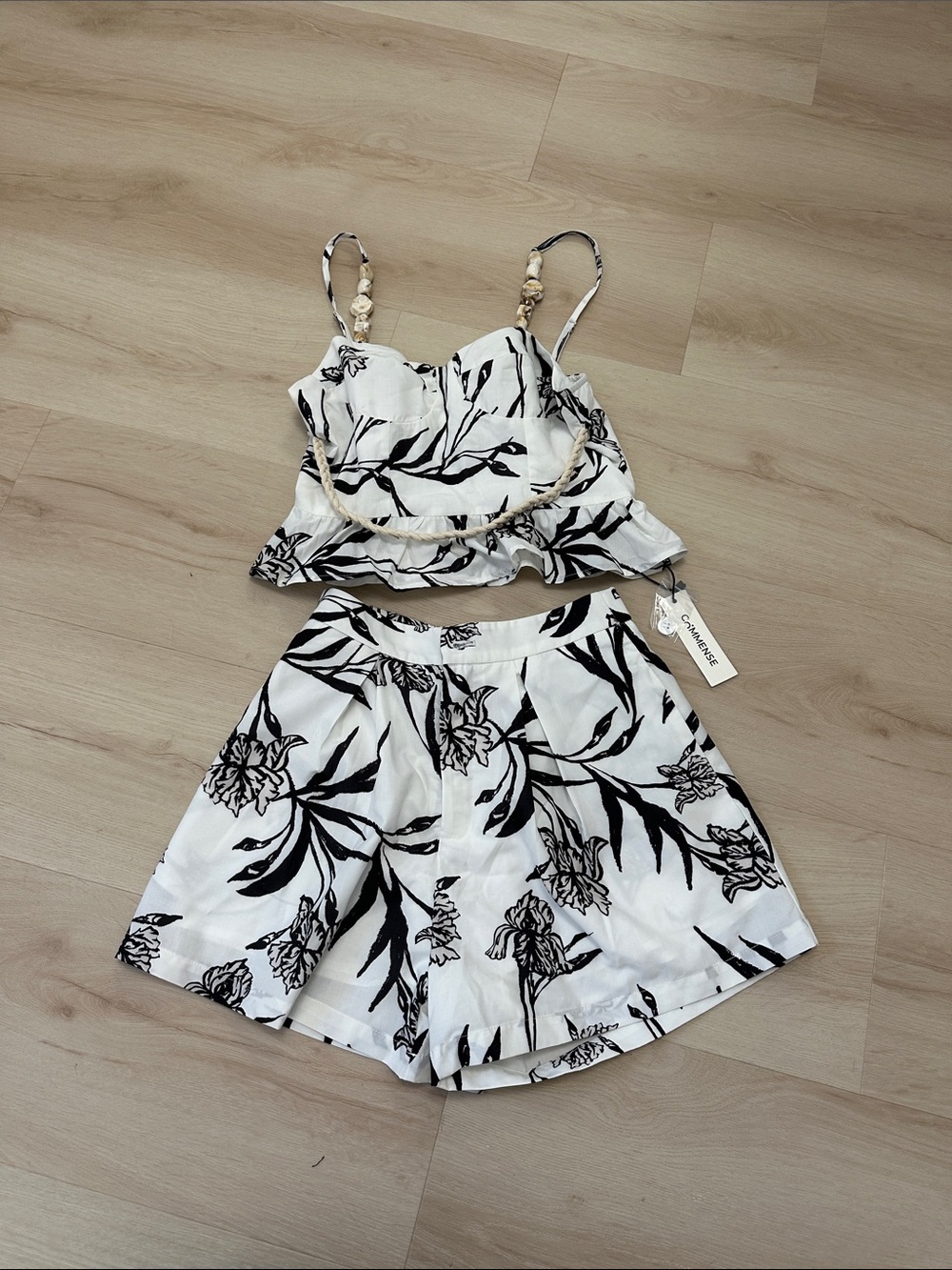 Commense White Two-Piece Floral Set with Black Print